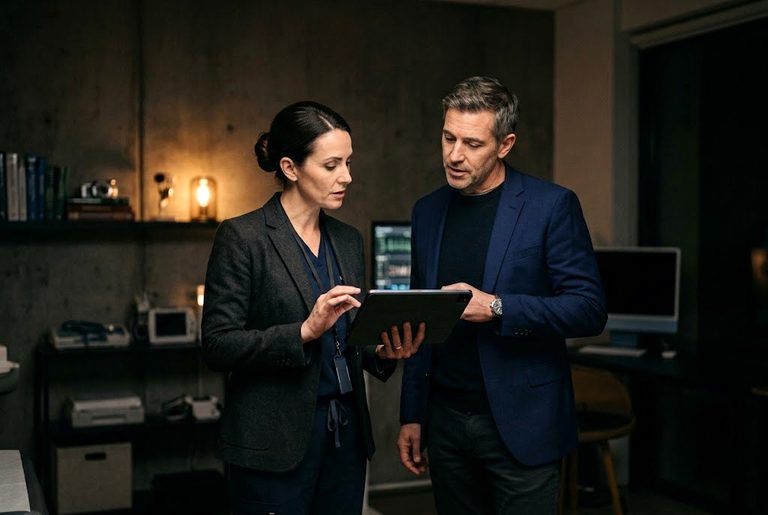 Two clinicians reviewing work on a tablet