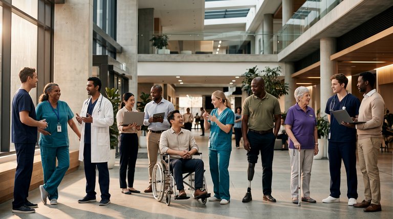 Doctors, nurses, allied health professionals, medical coders and practice administrators talking together in a hospital atrium