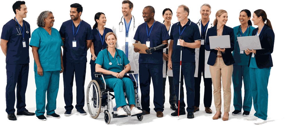 Doctors, nurses, allied health professionals, medical coders and practice administrators standing together, talking and laughing