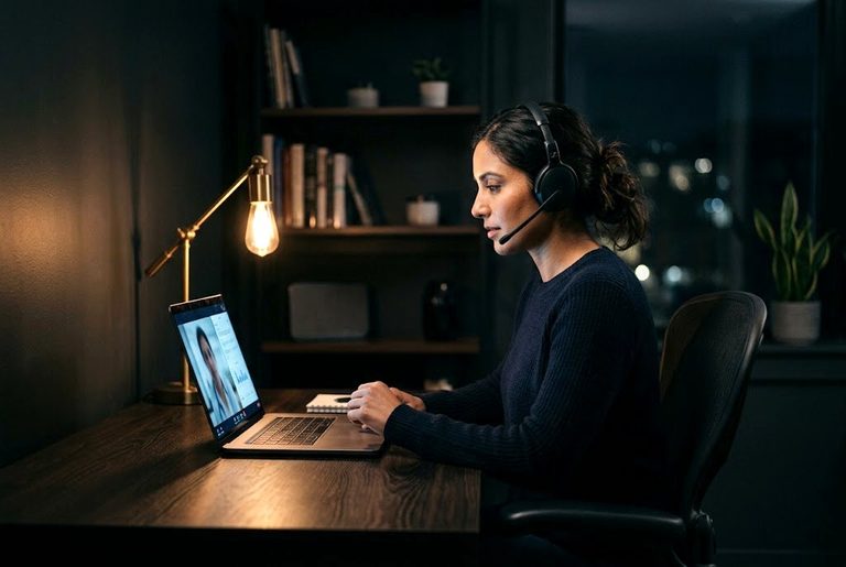A clinician on a remote video consultation